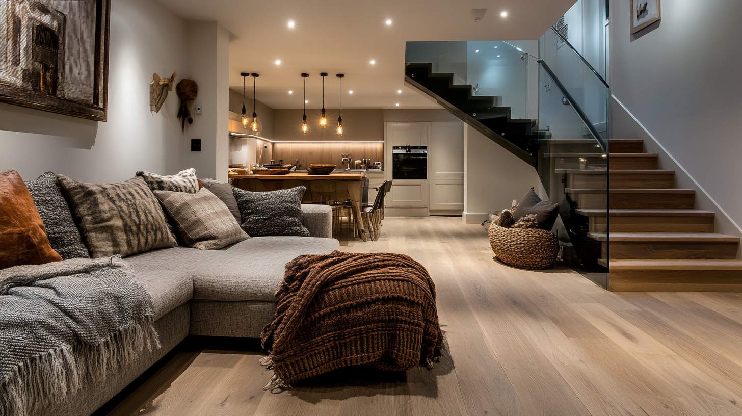 living room in the basement glass staircase